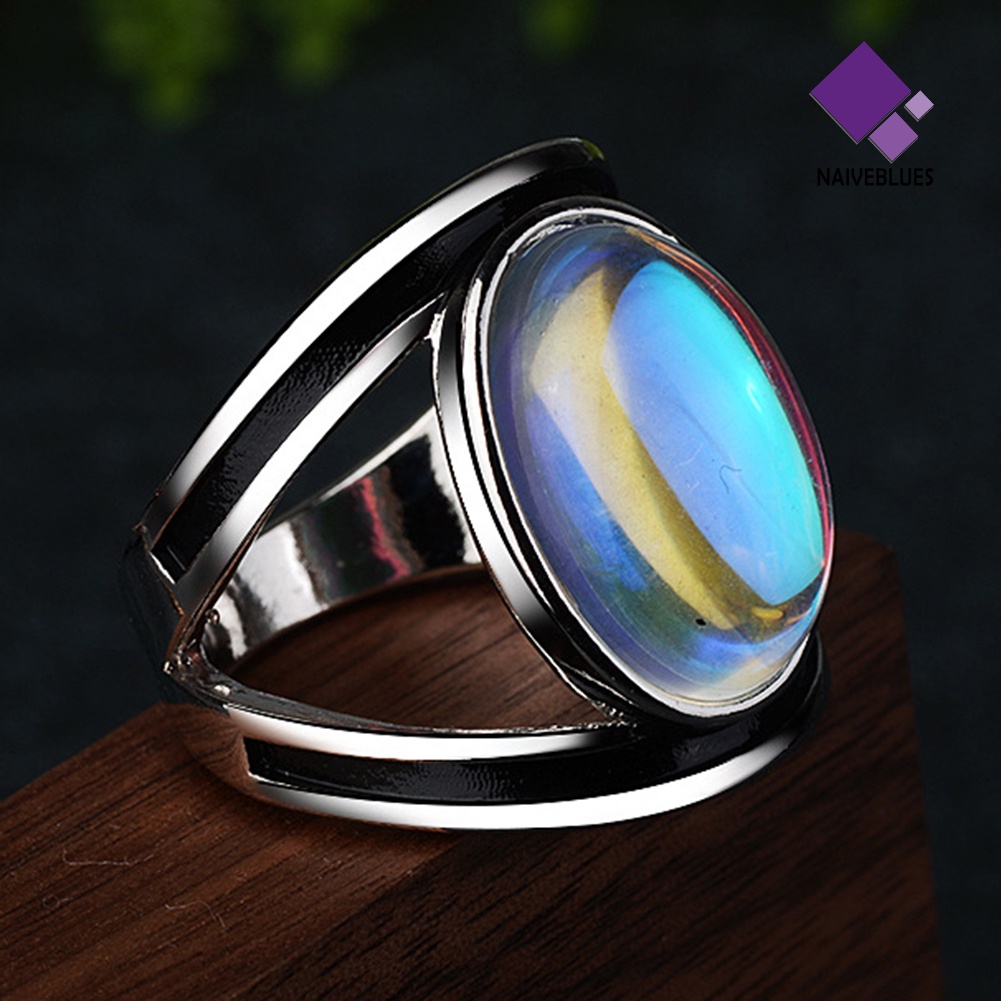 &lt; Naiveblues &gt; Fashion Wanita Oval Besar Multicolor Faux Moonstone Finger Ring Decor Gift