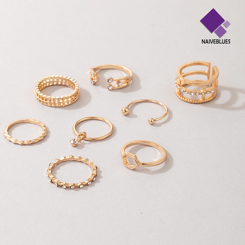 &lt; Naiveblues &gt; 8Pcs Cincin Wanita Geometris Berlian Imitasi Lady Shiny All Match Rings Untuk