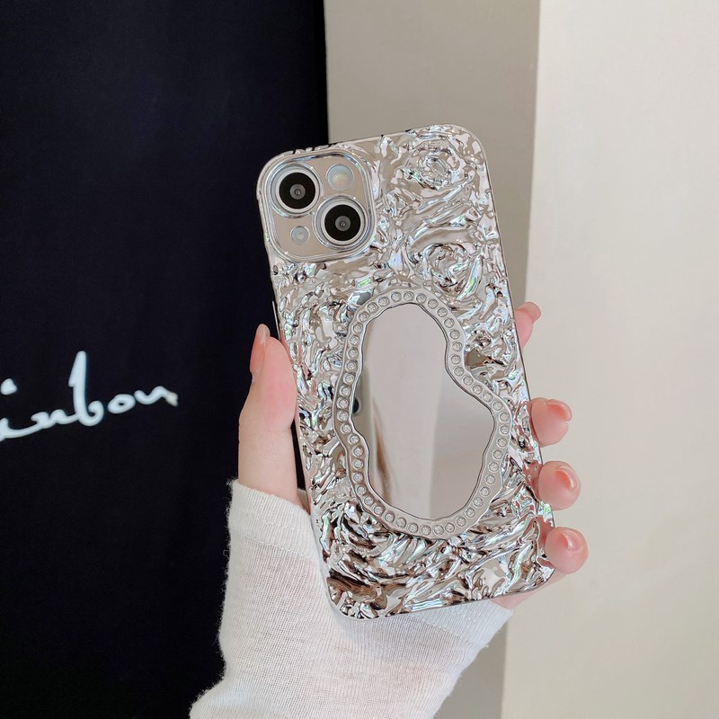 【Rose Flower Mirror】Fashion Pretty Make up Bling Silicone Case for iPhone 11 12 13 14 Pro Max Phone Case for Women Girl Gift Pink Ins