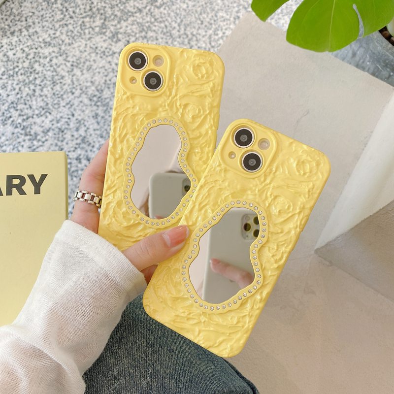 【Rose Flower Mirror】Fashion Pretty Yellow Make up Bling Silicone Case for iPhone 11 12 13 14 Pro Max Phone Case for Women Girl Gift Ins