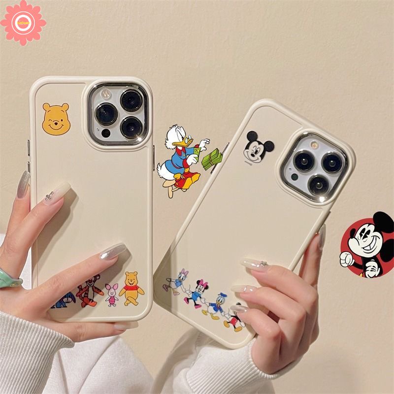 Caroon Cute Disney Mickey Minnie Mouse Winnie The Pooh Bear Case Kompatibel Untuk IPhone 7plus 14 11 12 13 Pro MAX X XR 7 8 Plus XS MAX 8plus Plating Metal Frame Lensa Soft Cover