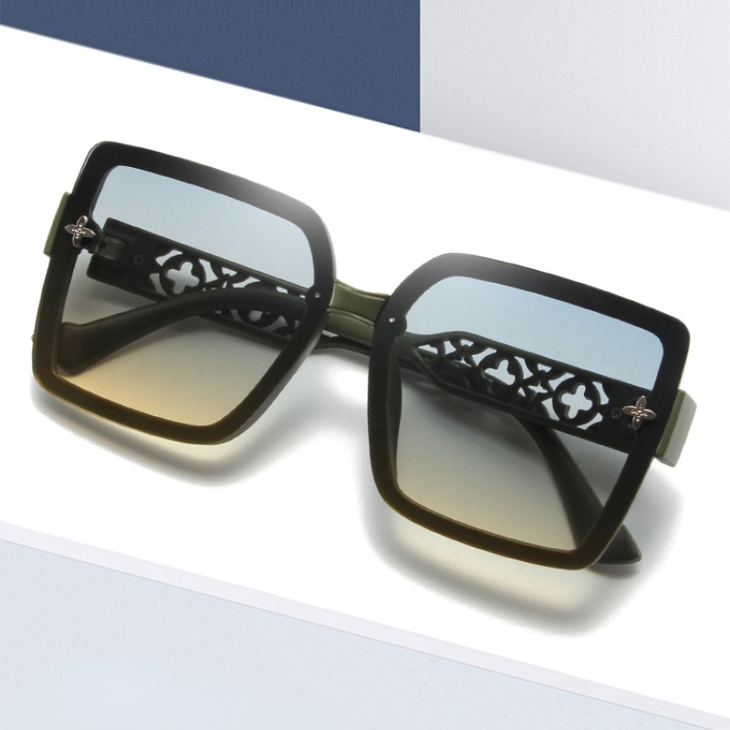 (YUZHU) Kacamata Hitam Semanggi Empat Daun Bergaya Baru Untuk Wanita Oversized Square Frame Hollow Temple Sunglasses