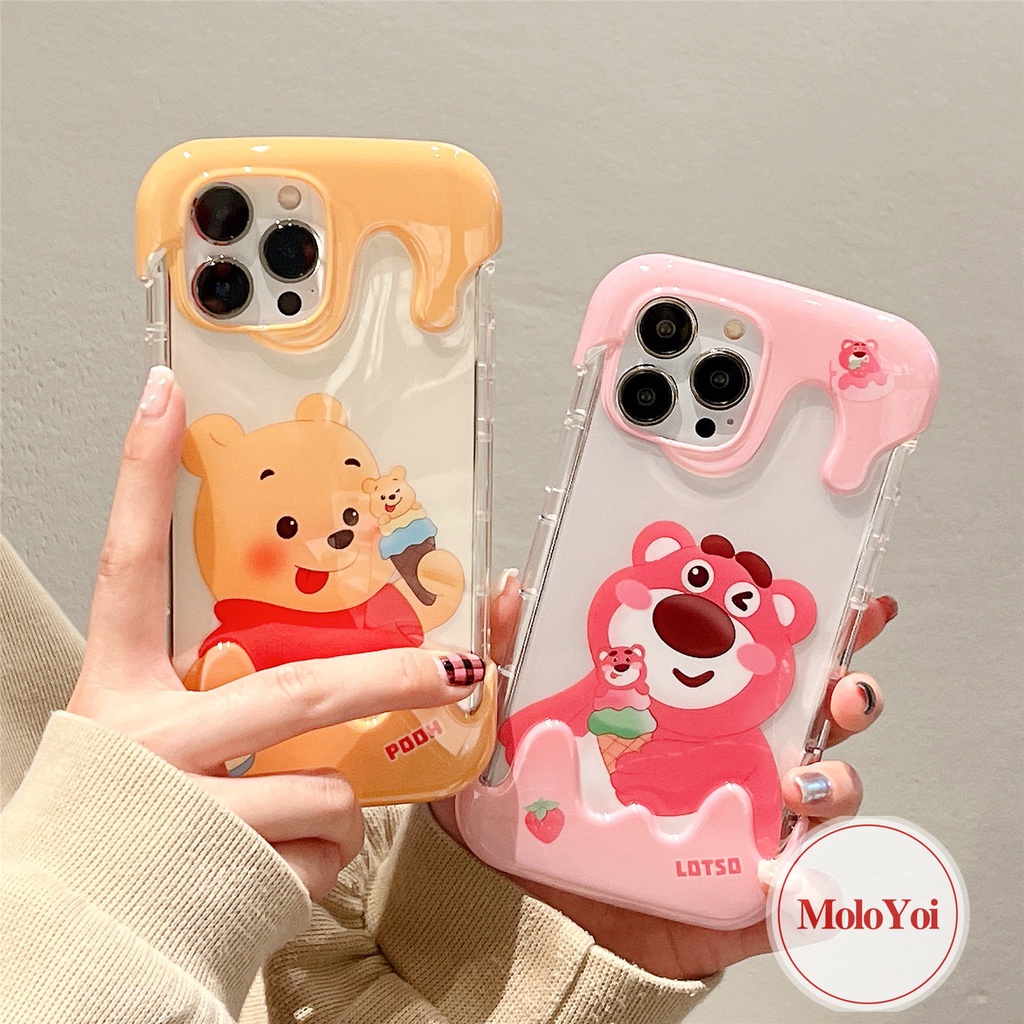 IPHONE Kartun Winnie the Pooh Shockproof Airbag Case Kompatibel Untuk Iphone11 13 12 14 Pro Max8 7 Plus XR XS X Max 7Plus 8Plus SE 2020 3D Ice Cream Beruang Strawberry Lucu Soft Cover