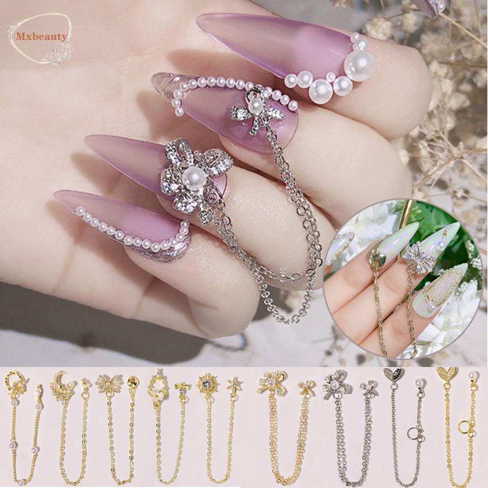 Mxbeauty Kuku Berlian Imitasi Kupu-Kupu Cincin Bunga Manikur Kristal Berlian Liontin Rantai