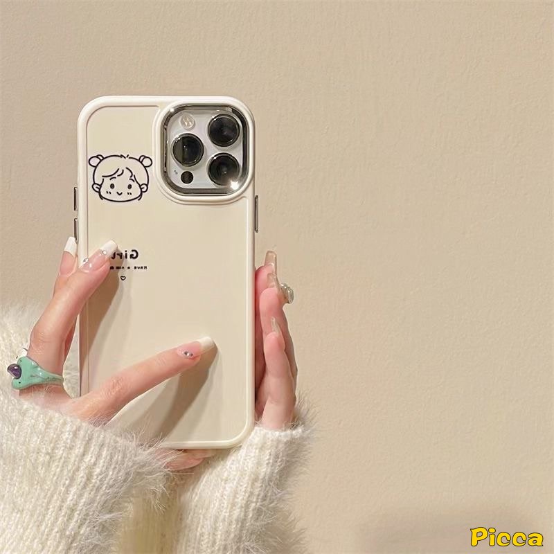 IPHONE Casing Frame Lensa Logam Plating Mewah Kompatibel Untuk Iphone7 8plus11 13 14 12 Pro MAX X XR XS MAX 7plus 8plus Kartun Pasangan Lucu Cowok Cewek Lembut Penutup Belakang