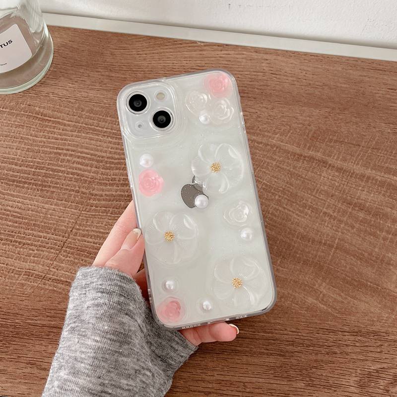 【Crystal resin】3D So Pretty Pink Pearl Flower Soft Case IPhone 7 8 Plus XR XS Max 11 12 13 14 Pro Max 14 Plus for Women Girl Gift