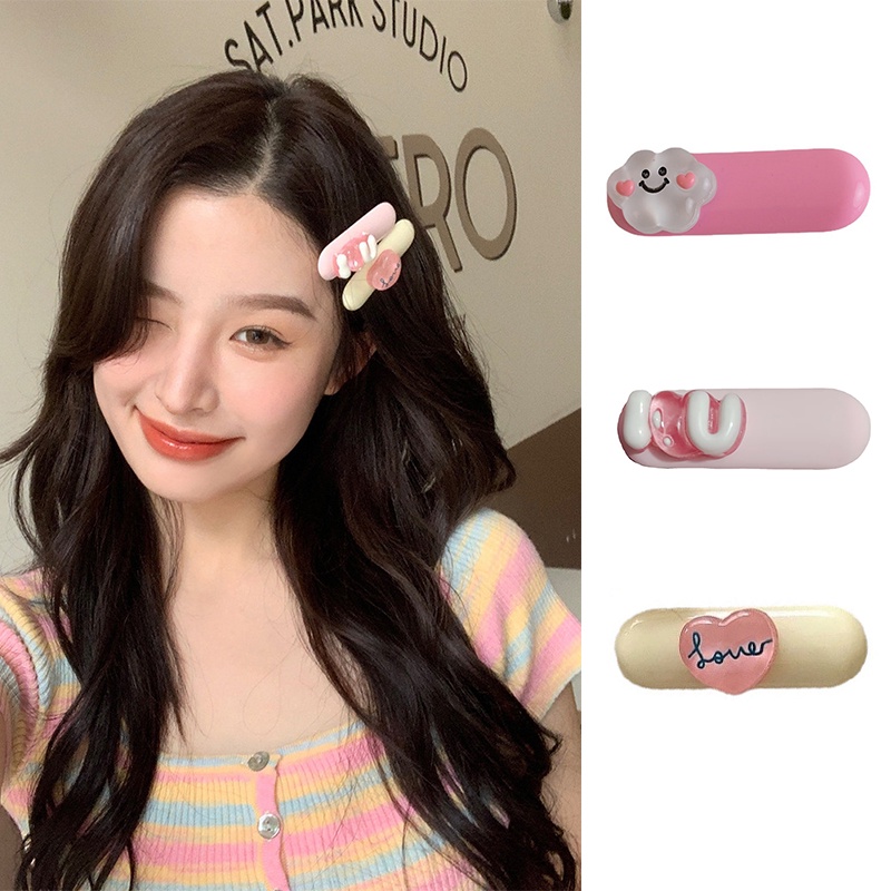 3pcs Jepit Rambut Pink Lucu Gadis Manis Poni Samping Oval Klip Gaya Putri Hiasan Kepala Aksesoris Rambut