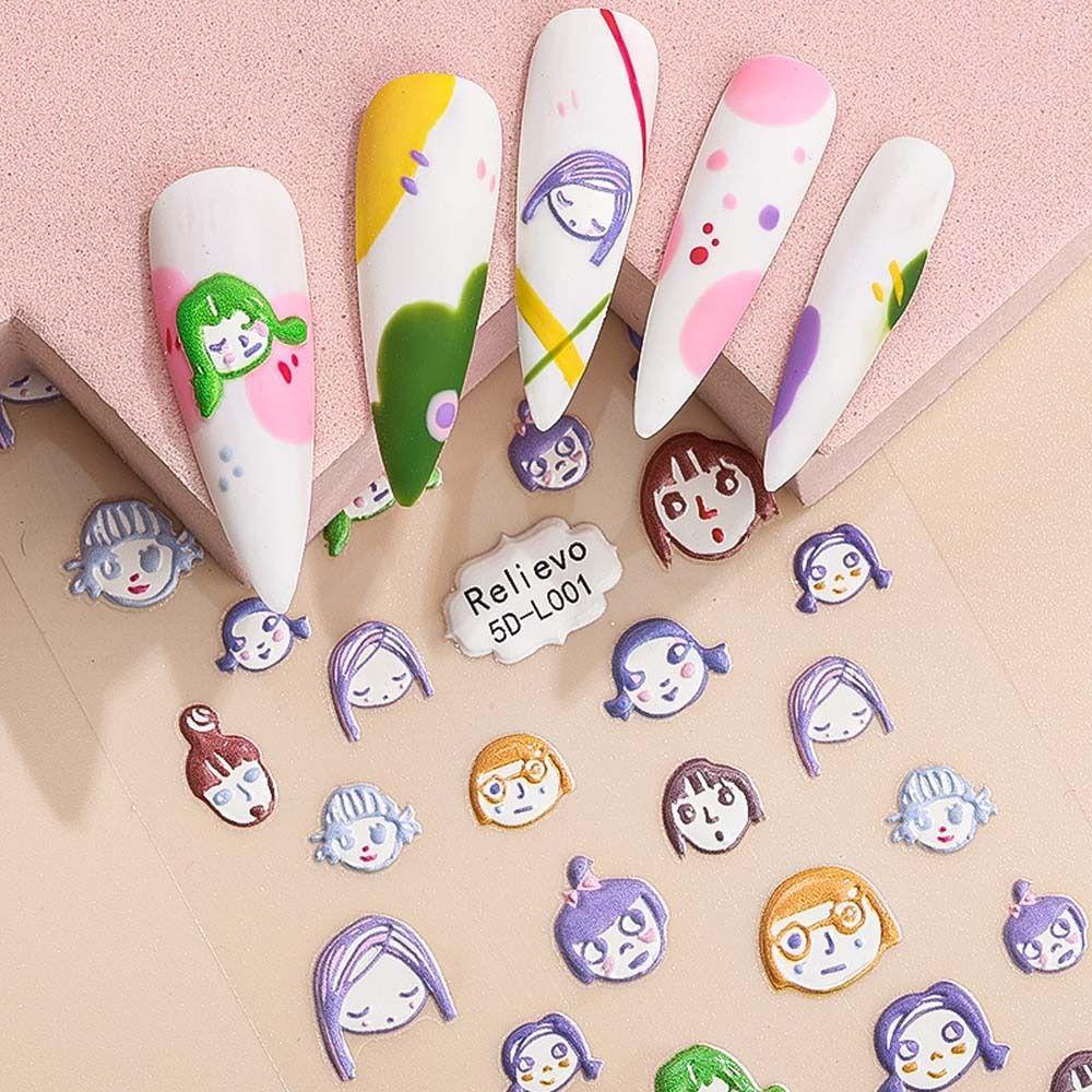 Needway Kartun Stiker Kuku 5D Relief Fashion Cinta Hati Senyum Anjing Self Adhesive Nail Dekorasi