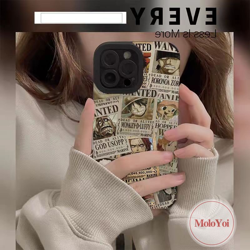 IPHONE Mewah Tekstur Stiker Kulit Shockproof Case Kompatibel Untuk Iphone11 Pro Max 7Plus XR XS X Max11 13 12 14 Pro Max7 8 Plus Merek Trendi One Piece Anime Poster Soft Tpu Cover