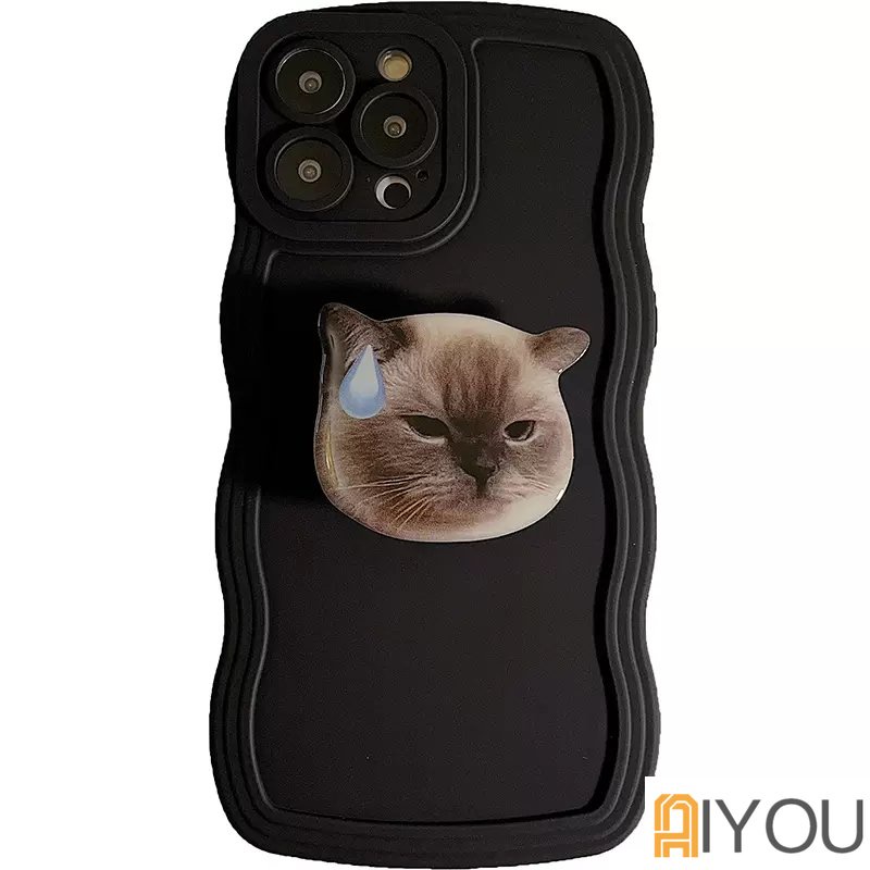 Casing Silikon Cair Lembut Gelombang Keriting Untuk iPhone 14 Pro Max13 12 Mini 11 Pro X XR XS Max7 8 Plus Cover Perlindungan Lensa INS Korea Lucu 3D Kucing Lucu Stand Griptok Support