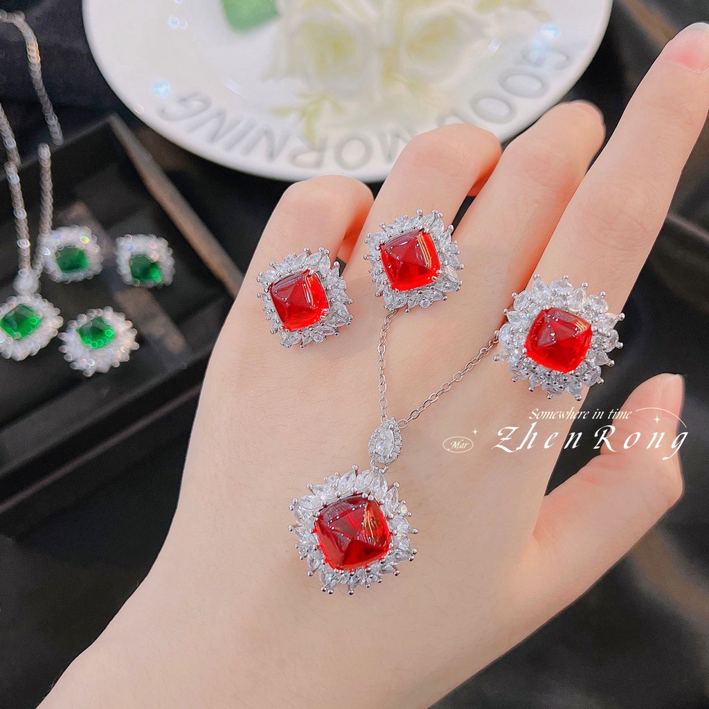 Goldkingdom Aksesoris Perhiasan Fashion Ready Stock Zamrud Cincin Cahaya Mewah Retro Warna-Warni Set Anting Liontin Kalung