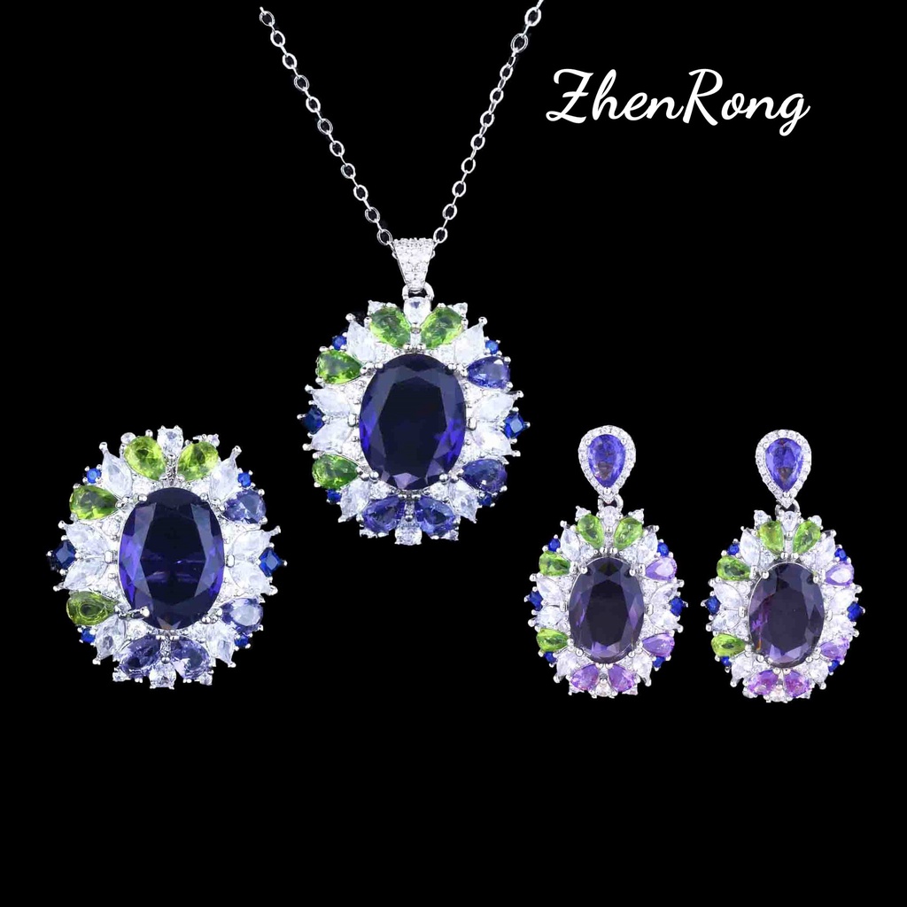 Goldkingdom Aksesoris Perhiasan Fashion Ready Stock Taman Mimpi Set Berlian Ungu Liontin Cincin Anting Zirkon Kalung