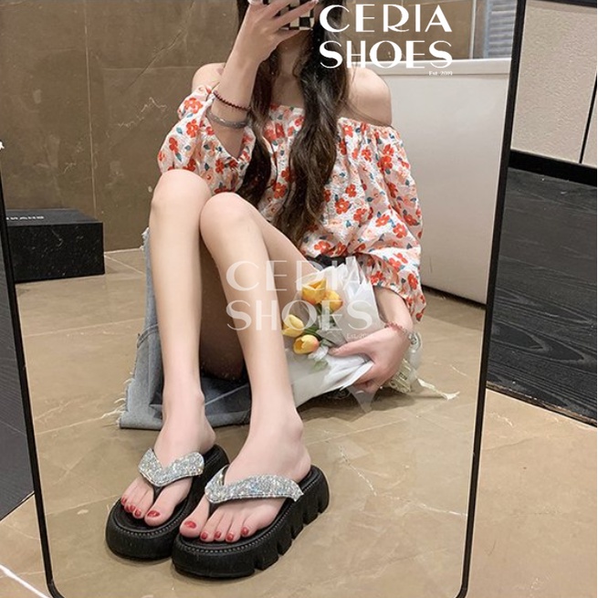 Sandal Jepit Wedges Wanita Import Hak Tinggi Premium Sol Empuk Tebal Anti Slip Tali Silver 8386