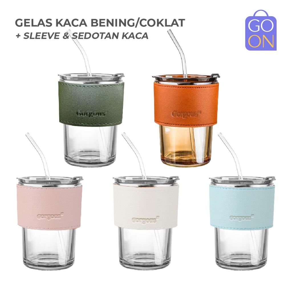 Gelas Kaca Bening/Coklat Estetik | Tumbler dengan Sedotan | Tahan Panas | Food Grade