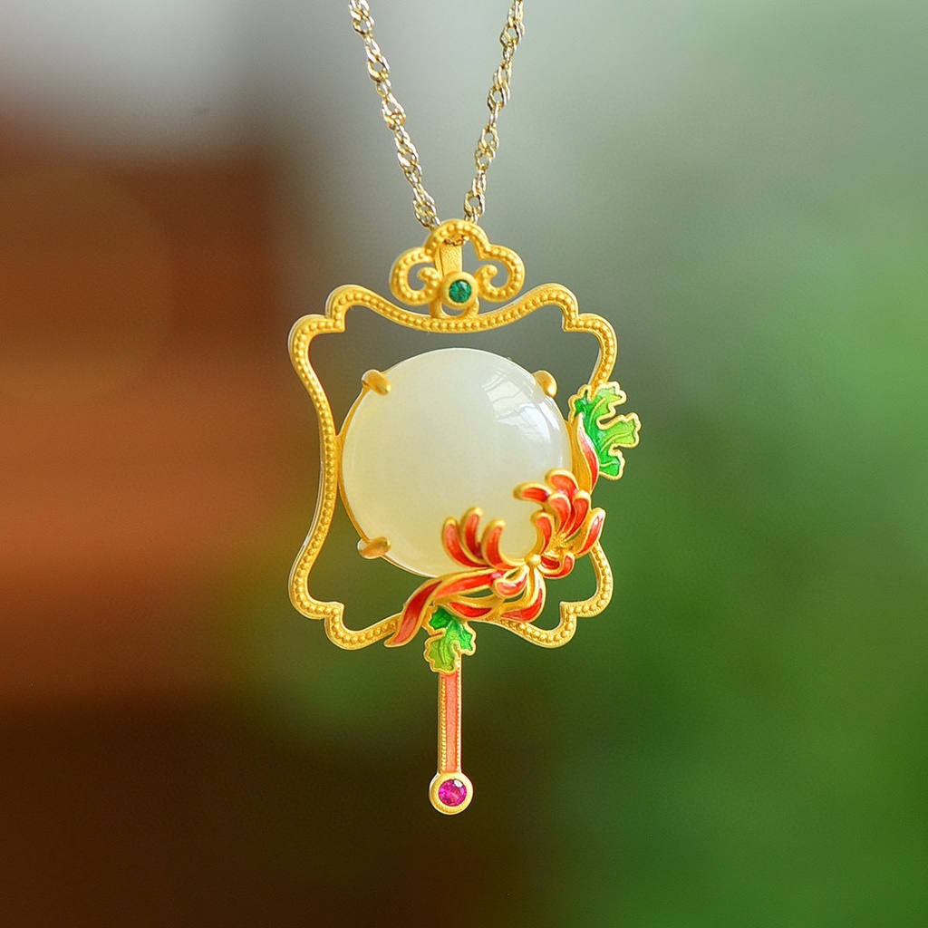 Goldkingdom Fashion Perhiasan Aksesoris Ready Stock Gaya Cina Pu Kipas Dan Tian Giok Kalung Perempuan Meilanzhu Krisan Kipas Enamel Liontin