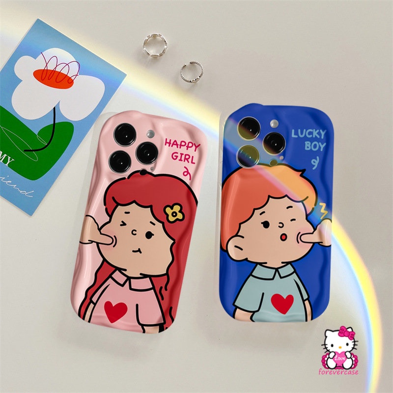 IPHONE Lucu Kartun Pasangan Gadis Bahagia Beruntung Boy Case Kompatibel Untuk Iphone6 8 6s 7Plus 11 14 12 13 Pro Max XR XS X Max SE 2020 Baru 3D Bergelombang Melengkung Tepi Telepon Lembut Tpu Pecinta Cover