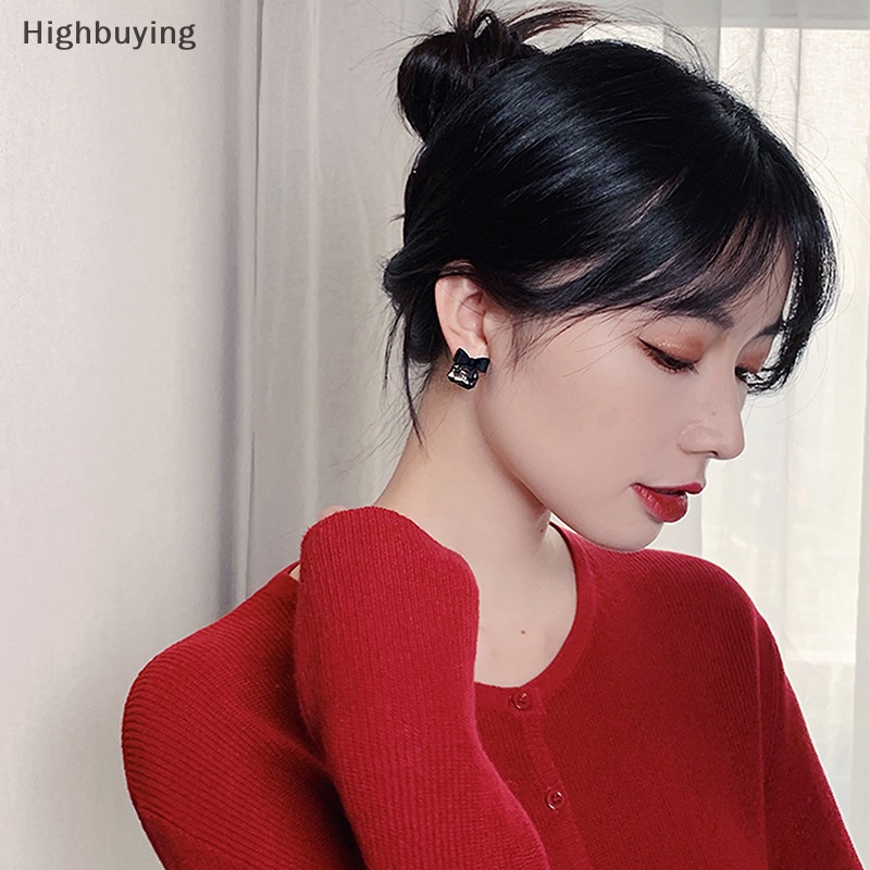 Hbid Perhiasan Fashion Warna Hitam Ikatan Simpul Kubus Kristal Anting Persegi Busur Anting Glory