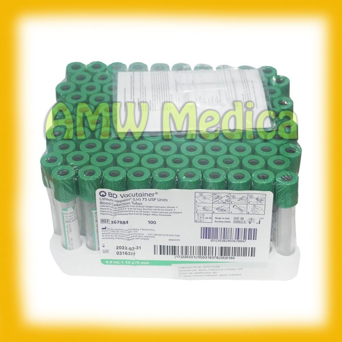 BD 367884 Tabung Vacutainer Heparin Lithium Hijau 4ml 13x75 Tube Lihep