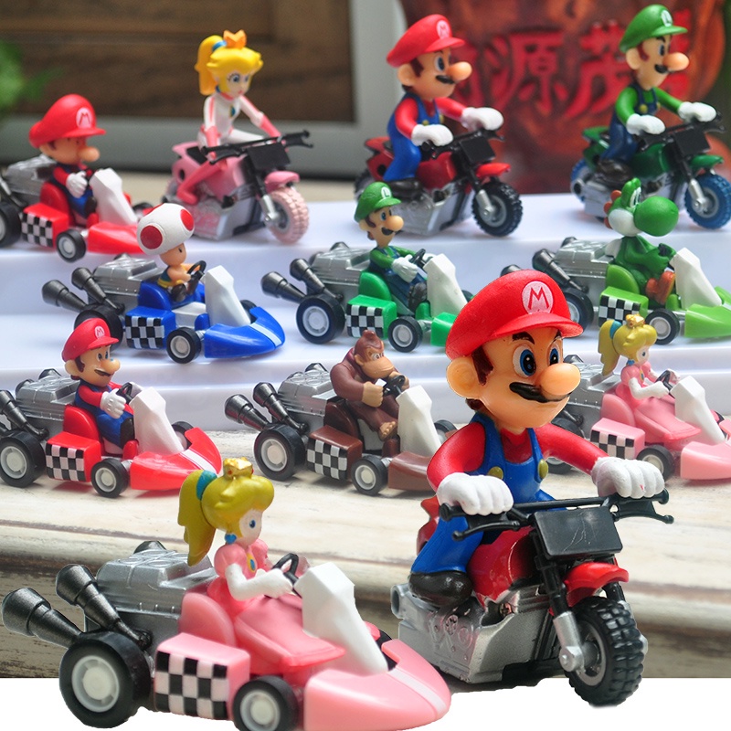 10pcs/set Anime Super Marioed Bros Kart Pull Back Cars Luigi Yoshi Kodok Putri Peach Donkey Kong Figure Mainan Anak