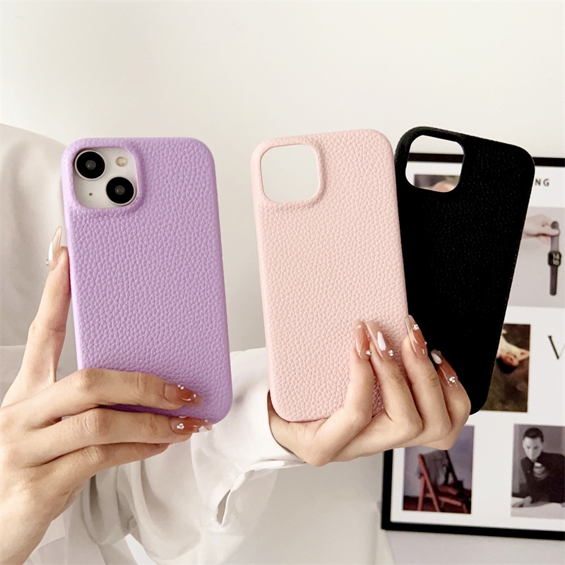 IPHONE Casing Ponsel Warna solid Bahan Kulit Untuk Iphone12 13 14 Pro max hard case Tipis Dan Ringan14 plus Casing PC non-slip Tepi Lurus Minimalis Apple12