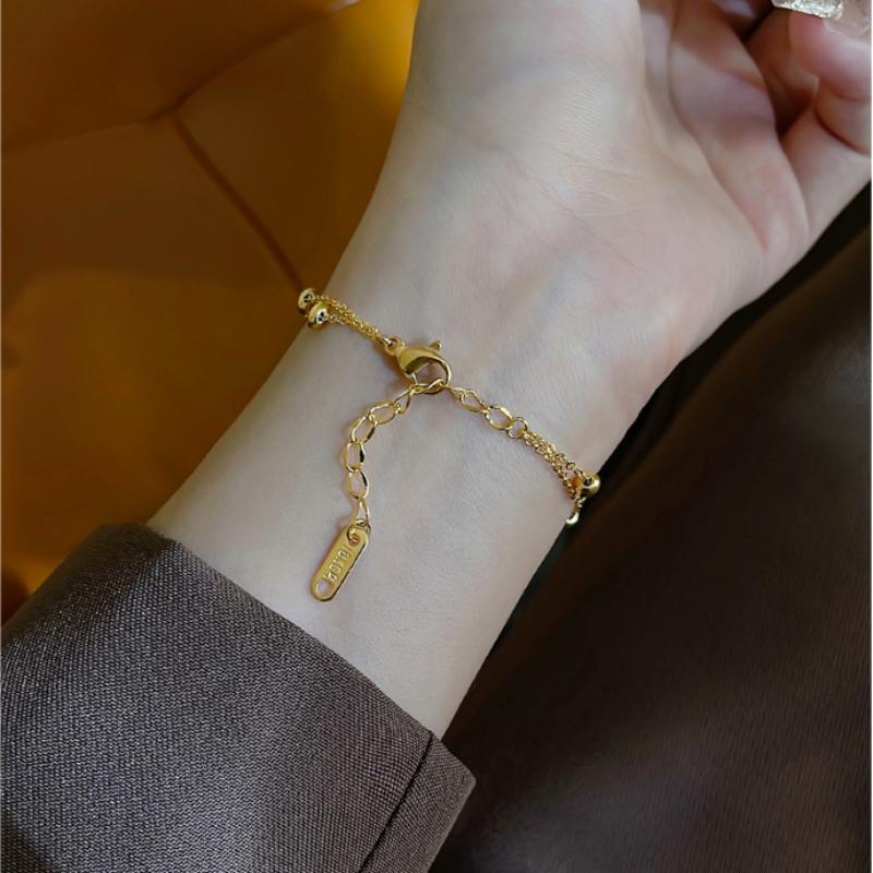 Gelang titanium Anti Karat Emas 18K Wanita Rantai Ganda Keberuntungan Manik Tangan Ornamen