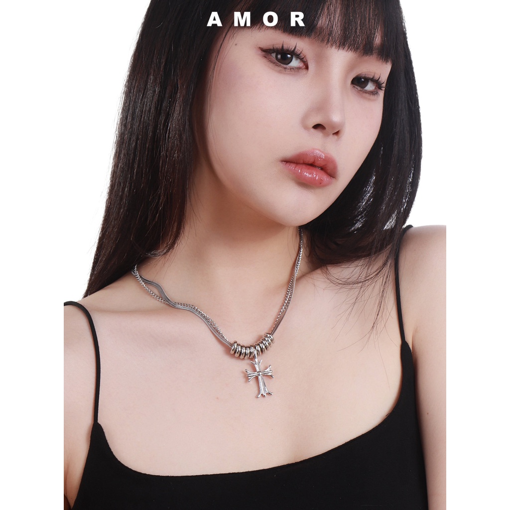 Y2k Berlian Chrome Hati Double Layer Musim Panas Kalung Wanita Mewah Necklacechain