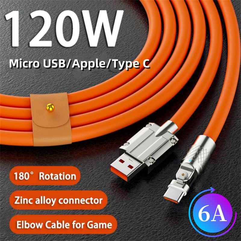 120w 6A Super Cepat Charge Zinc Alloy Type-C Petir Micro USB Liquid Gaming 180derajat Siku Berputar Kabel Quick Charge USB Cable Untuk iPhone Samsung Android USB Bold Data Line