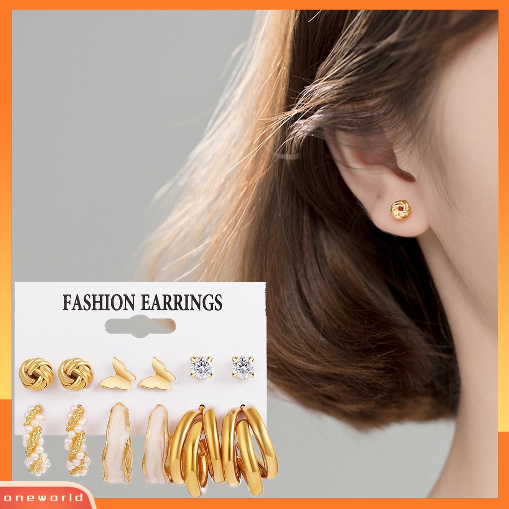 [ONE] 6pasang Anting Hoop Mutiara Imitasi Geometris Modis Dan Nyaman Menjuntai Anting Set Berongga Lingkaran Anting Perhiasan Fashion