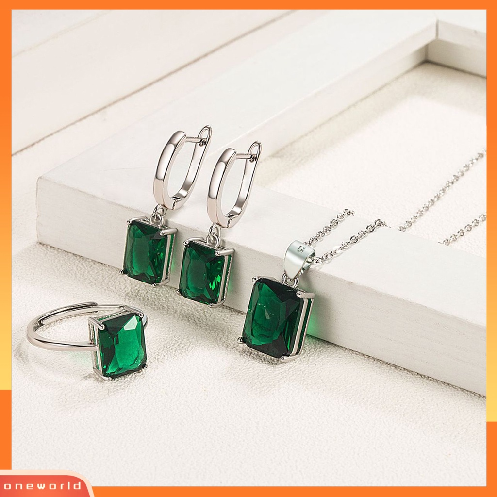 [ONE] 4pcs/set Jari Cincin Bentuk Persegi Panjang Shiny Charming Cubic Zirconia Vintage Pendant Dress Up Anti Karat Wanita Mewah Berlian Imitasi Kalung Hoop Earrings Perhiasan Aksesori