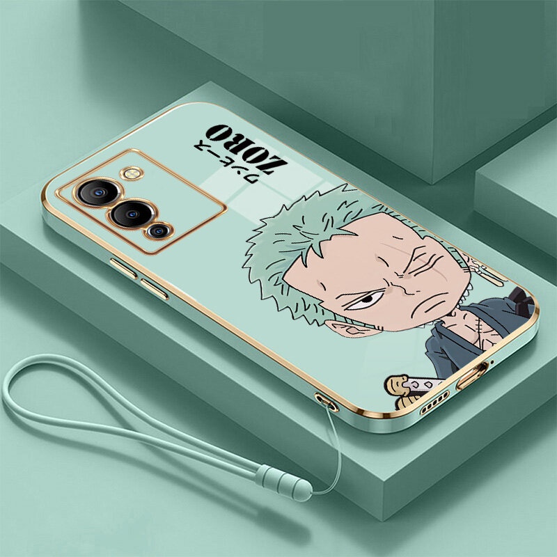 【Free Lanyard】Casing For Infinix Hot 12 Play Note 8 10 Pro 10 Lite 11 12 G88 Smart 4 4C 5 6 Plus Luxury Soft Plating Square Drop-proof Silicon TPU Shockproof Phone Case Anime Cartoon One Piece Roronoa Zoro Protective Back Cover