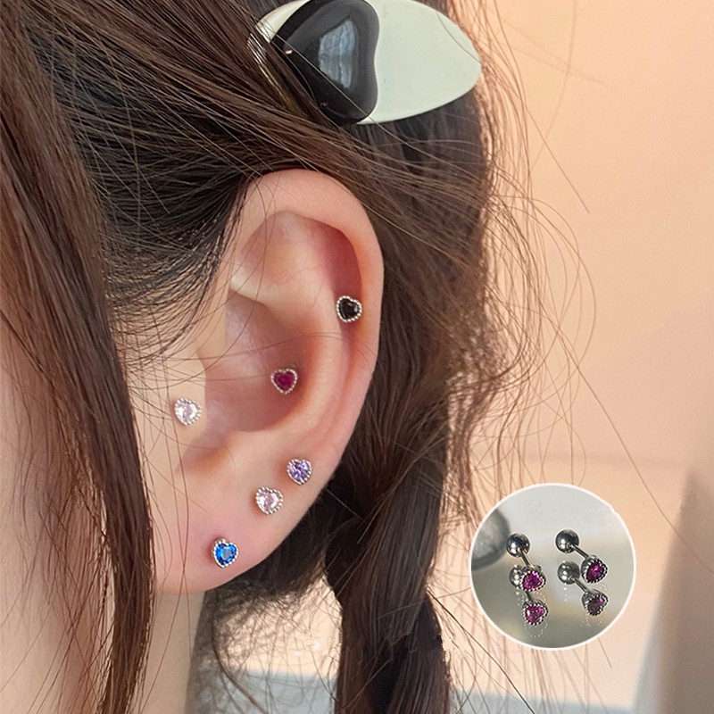 We Flower Chic Stainless Steel Bersinar Warna-Warni Zirkon Jantung Sekrup Anting Untuk Wanita Perempuan Trendi Anti Alergi Ditindik Kristal Kecil Pejantan Anting-Anting Pakaian Sehari-Hari Telinga Perhiasan Hadiah