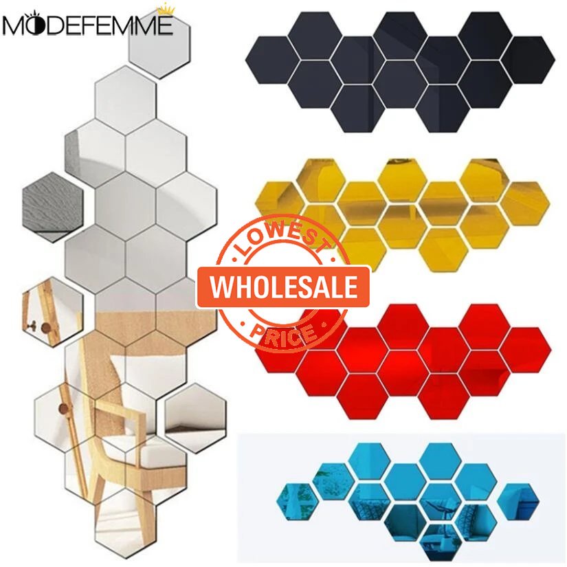 [Harga Grosir] DIY Dekorasi Rumah Seni Cermin 3D Mirror Wall Stickers Removable Wall Sticker Kamar Tidur Dekorasi Rumah Stiker Dinding Hexagon Akrilik Perekat Diri Mosaik Ubin Decals