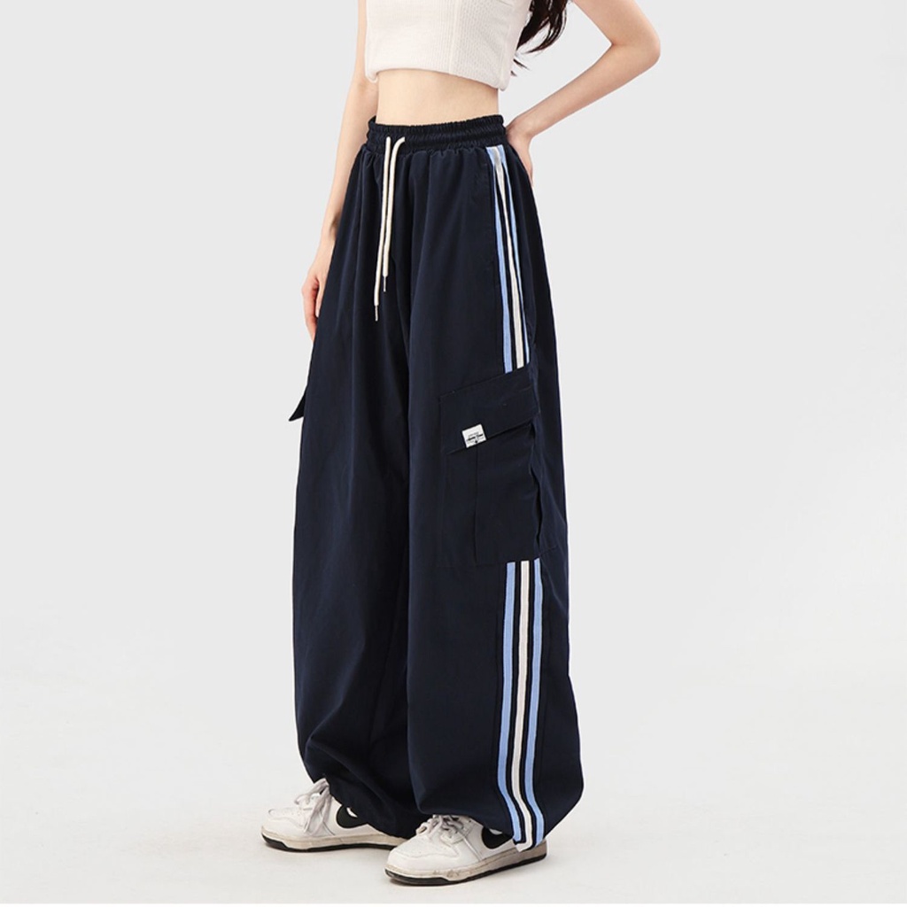 Celana Wanita Cargo Pants Oversize Splicing Stripe Casual Pants