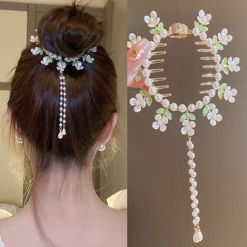 Alloy Mutiara Berlian Imitasi Bunga Rumbai Rambut Klip Fashion Ponytail Gesper Jepit Rambut Wanita Aksesoris Rambut