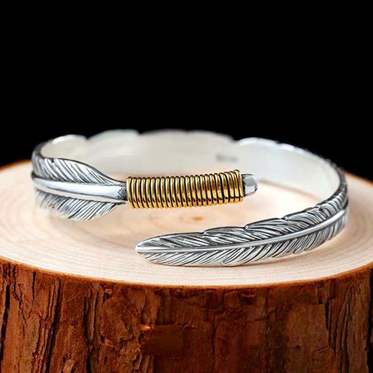 Retro Distressed One Feather Men Bracelet, Men's Art Bracelet, Alloy Open Bracelet