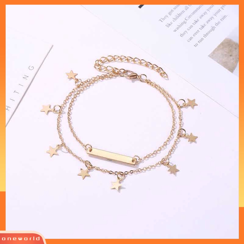 [WOD] 2pcs Ladies Star Anklet Geometris Simple Adjustable Memakai Alloy Gelang Kaki Pantai Berlapis Ganda Untuk Liburan