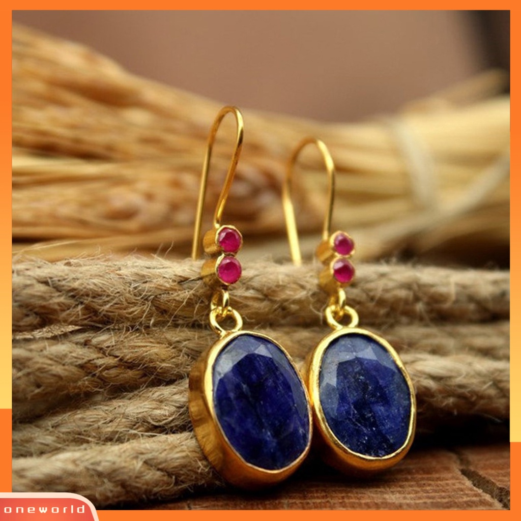 [WOD] 1pasang Anting Menjuntai Vintage Bohemian Etnik Geometri Electroplating Dekorasi Hadiah Wanita Oval Permata Imitasi Drop Earrings Perhiasan Untuk Pesta