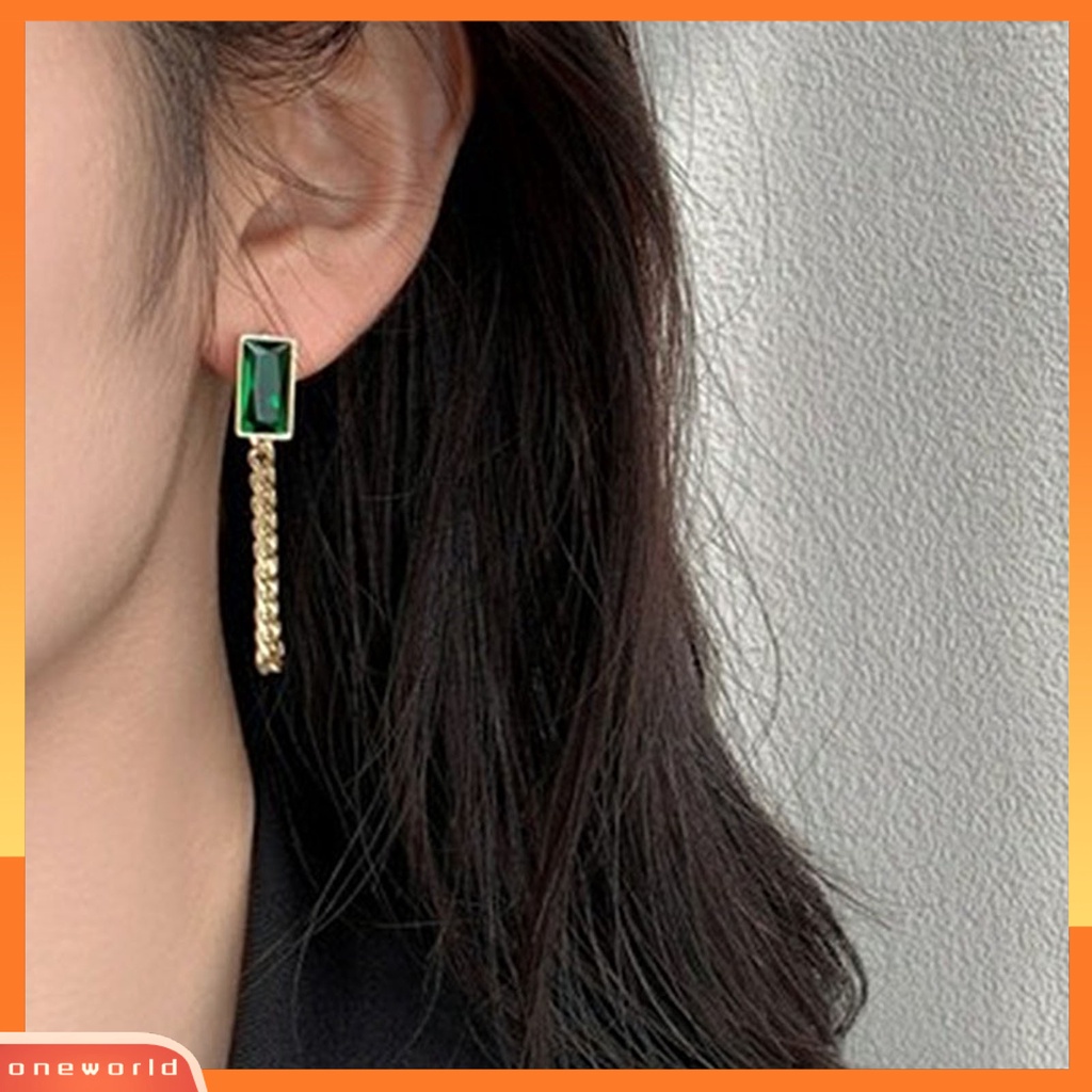 [WOD] Wanita Anting Dirantai Persegi Cubic Zirconia Perhiasan Vintage Electroplating Kalung Anting Gelang Untuk T Show Gown