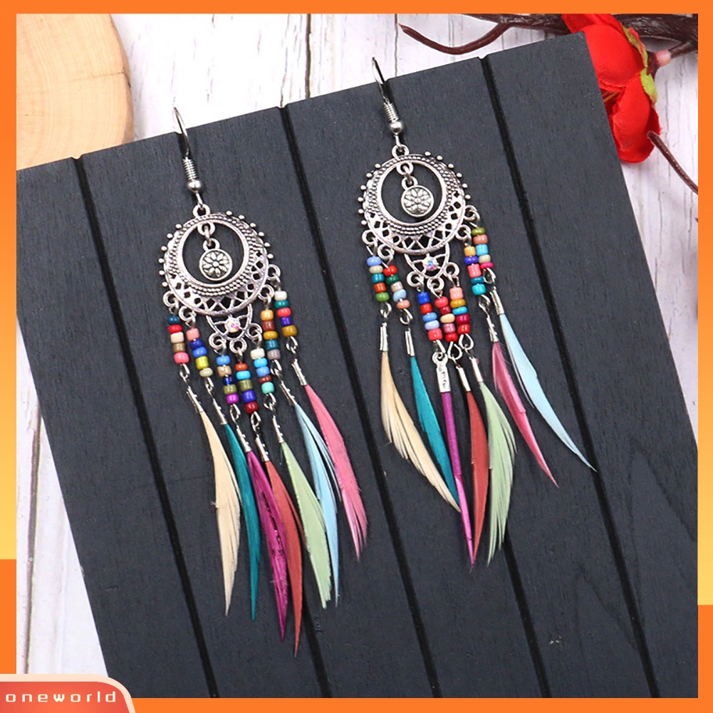 [WOD] Boho Wanita Berongga Ukir Lingkaran Bulu Rumbai Menjuntai Kait Anting Perhiasan