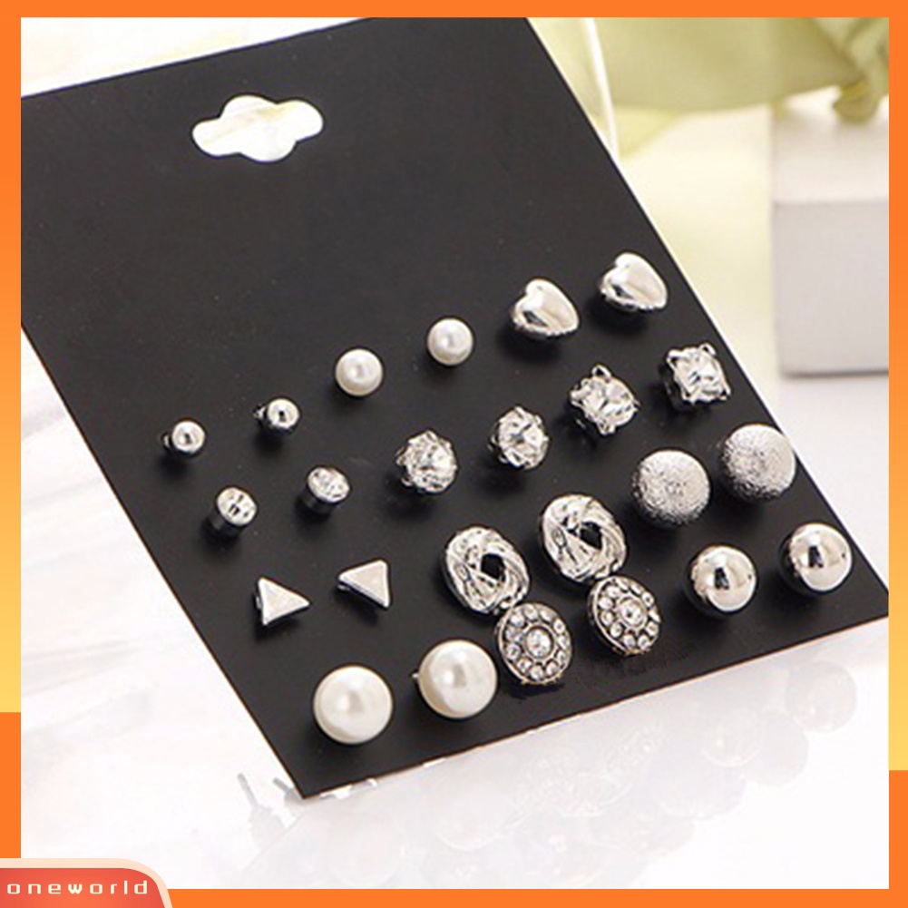 [WOD] 12pasang /Set Mutiara Imitasi Hati Cinta Mahkota Segitiga Stud Earring Lady Jewelry