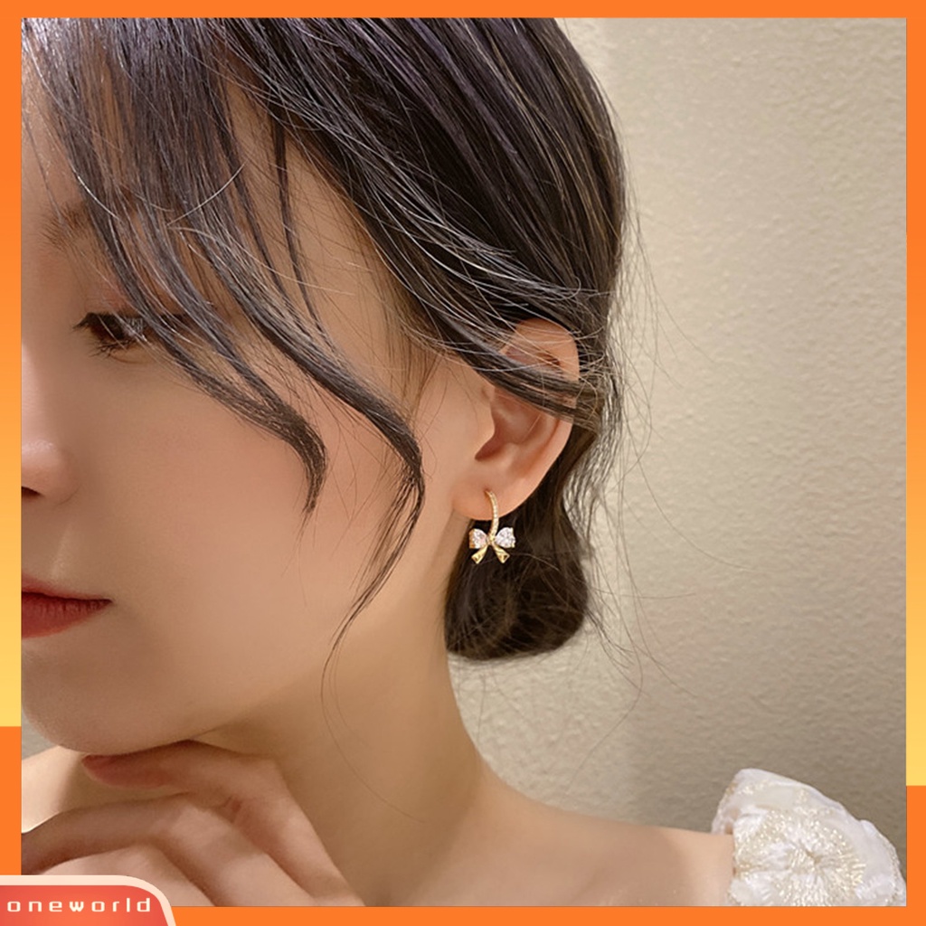 [WOD] 1pasang Wanita Menjuntai Anting Busur Cubic Zirconia Perhiasan Bersinar Gaya Korea Stud Earrings Hadiah Ulang Tahun