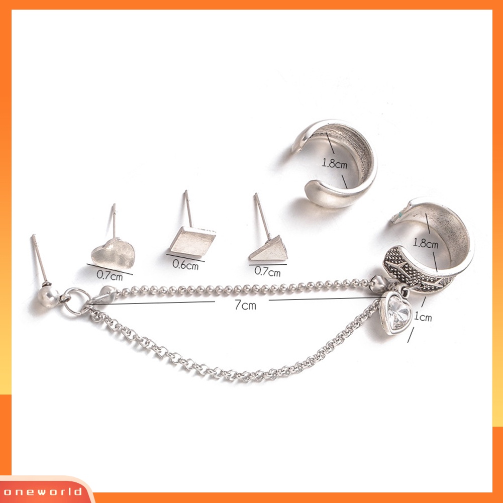 [WOD] 5pcs/set Punk Keren Klip Telinga Rantai Ear Stud Geometris Segitiga Jantung Anting