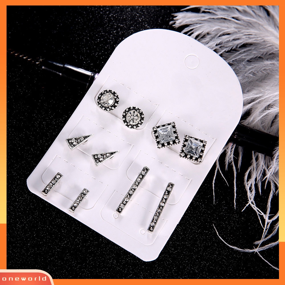 [WOD] 5pasang Boho Wanita Berlian Imitasi Kotak Bulat Persegi Panjang Segitiga Stud Earrings Set