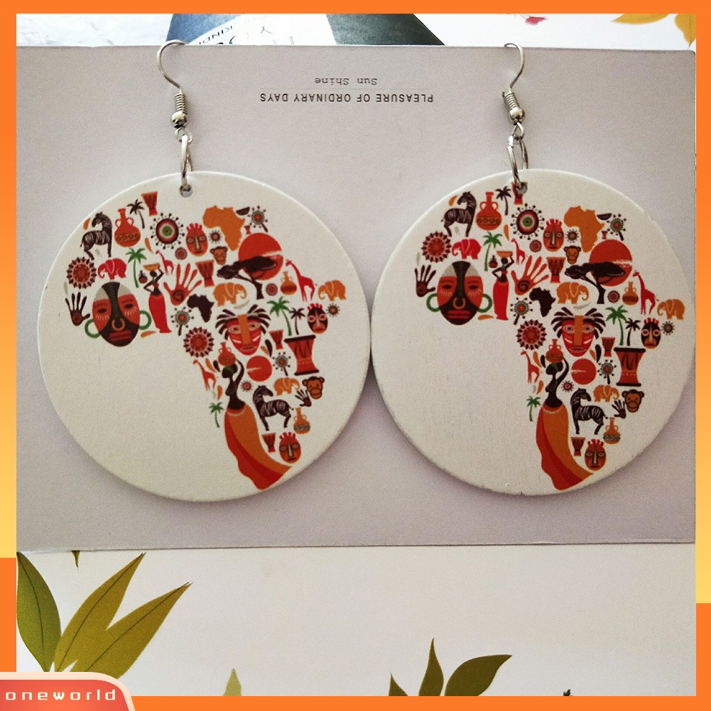 [WOD] Warna-warni Wanita Kayu Peta Afrika Kait Anting Bulat Liontin Perhiasan Pesona
