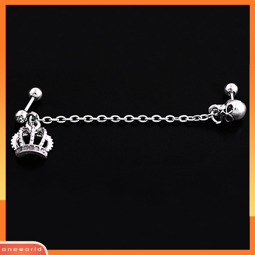 [WOD] Gaya Punk Surgical Steel Crown Skeleton Ear Stud Rantai Anting Tindik Perhiasan