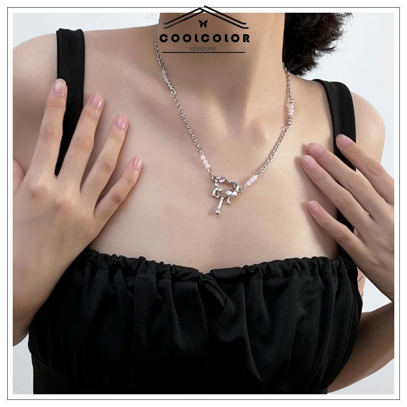 COD❤️Kalung Pendek Pendek Mewah Premium Pink Zirkon Manis Keren Kalung Cinta Tetesan Cair- cl