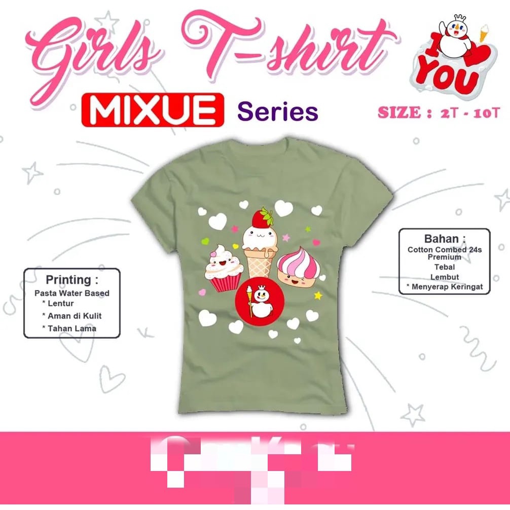 Kaos Lengan Pendek Anak Kaos Perempuan Motif Mixue Usia 2 - 8 Tahun
