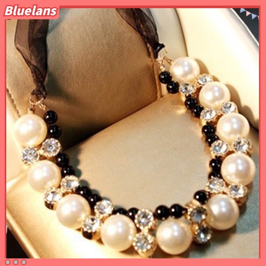 [BLS] Wanita Fashion Baris Ganda Mutiara Imitasi Adjustable Pita Rantai Choker Kalung