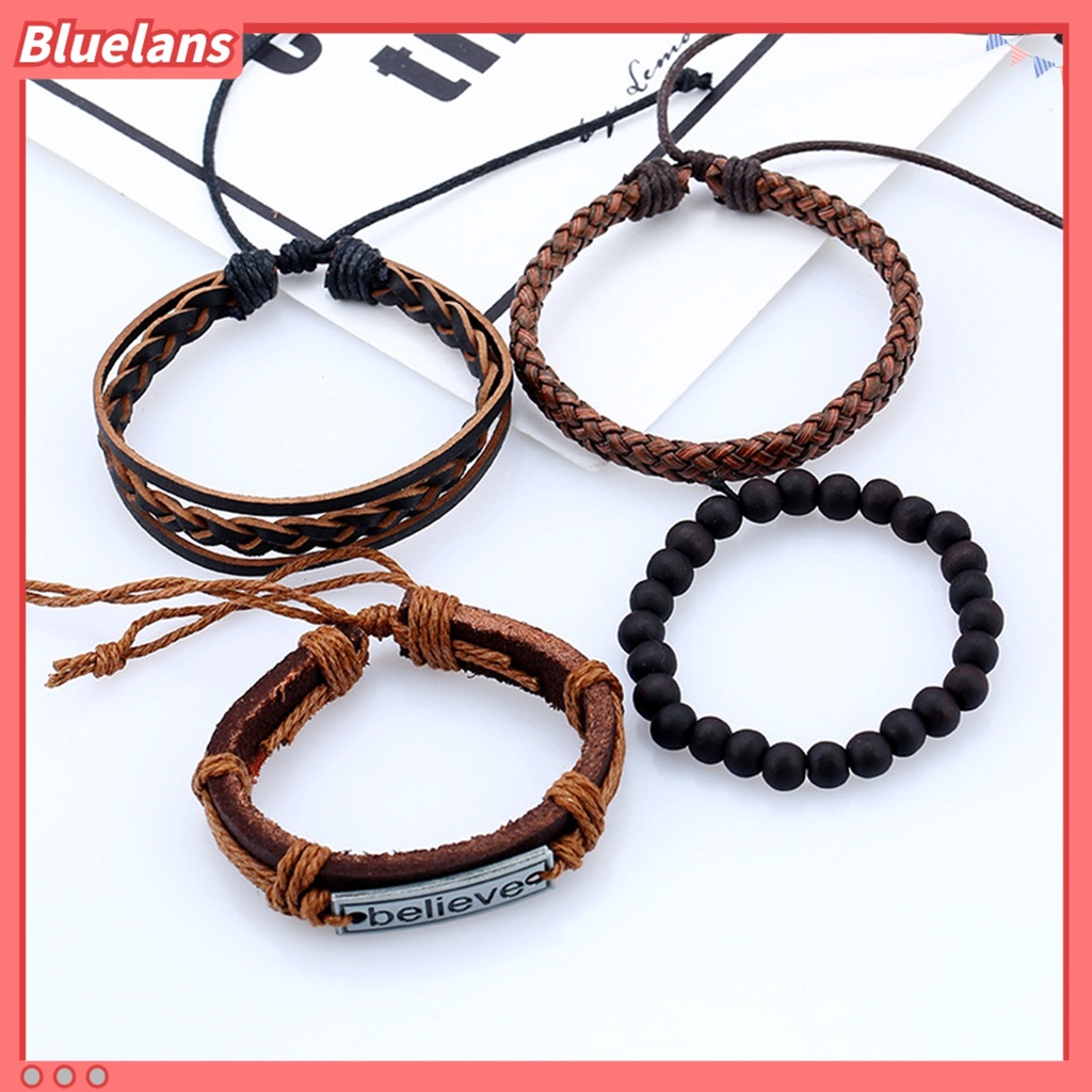 [BLS] 4pcs /Set Pria Fashion Adjustable Kulit Imitasi Tali Dikepang Percaya Huruf Gelang Manik-Manik