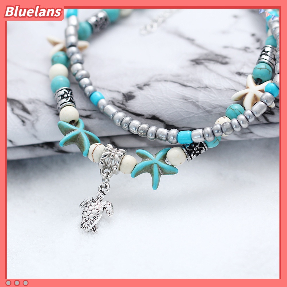 [BLS] Retro Wanita Multilayer Beads Bintang Laut Menjuntai Gelang Kaki Kaki Gelang Perhiasan Pantai